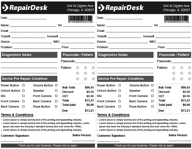 RepairDesk Reciept Invoice