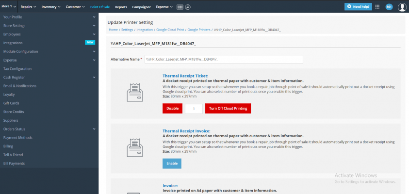 Automating the printing process with Google Cloud Print in RepairDesk