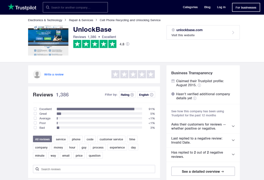 UnlockBase reviews on TrustPilot for best network unlocking websites to use with your repair shop software 2021