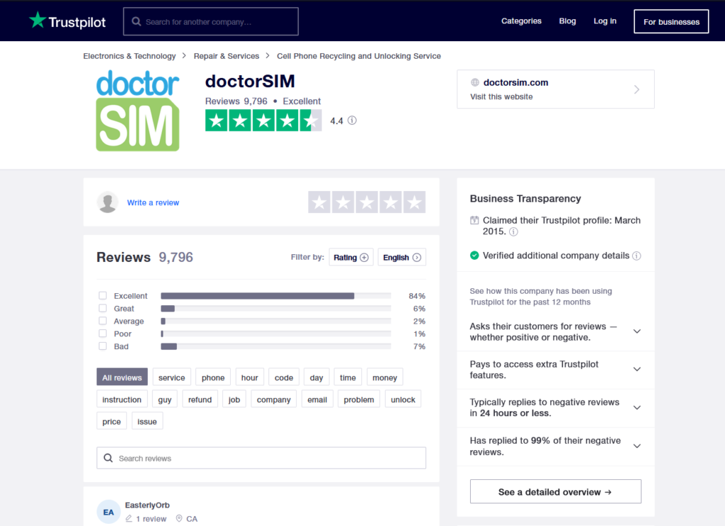 doctorSIM reviews on TrustPilot for best network unlocking websites to use with your repair shop software 2021