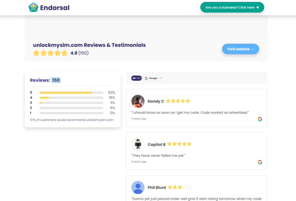 UnlockMySIM reviews on Endorsal.io for best network unlocking websites